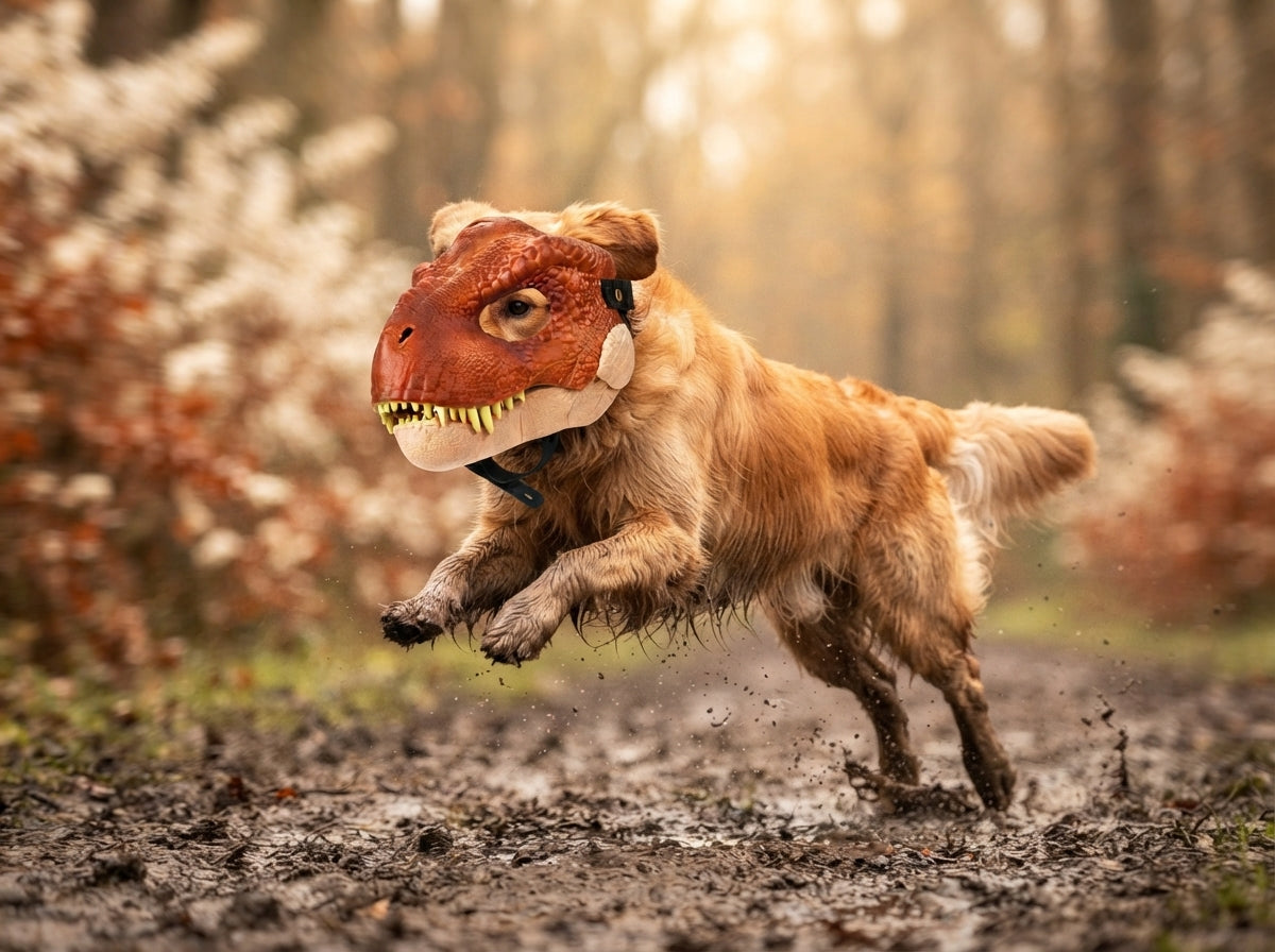 An energetic dog wearing a dinosaur mask mid-leap in a muddy park, showing the mask staying securely on during active play.