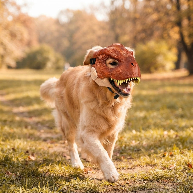 A golden retriever wearing a dinosaur mask running through a park during an outdoor play session.